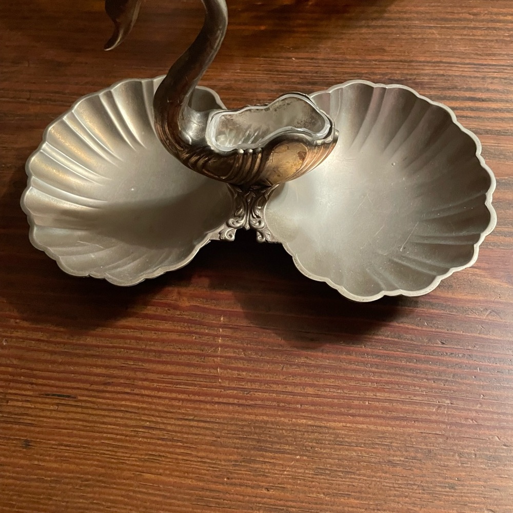 Vintage silver metal swan double shell hors d’oeuvre dish, toothpick holder